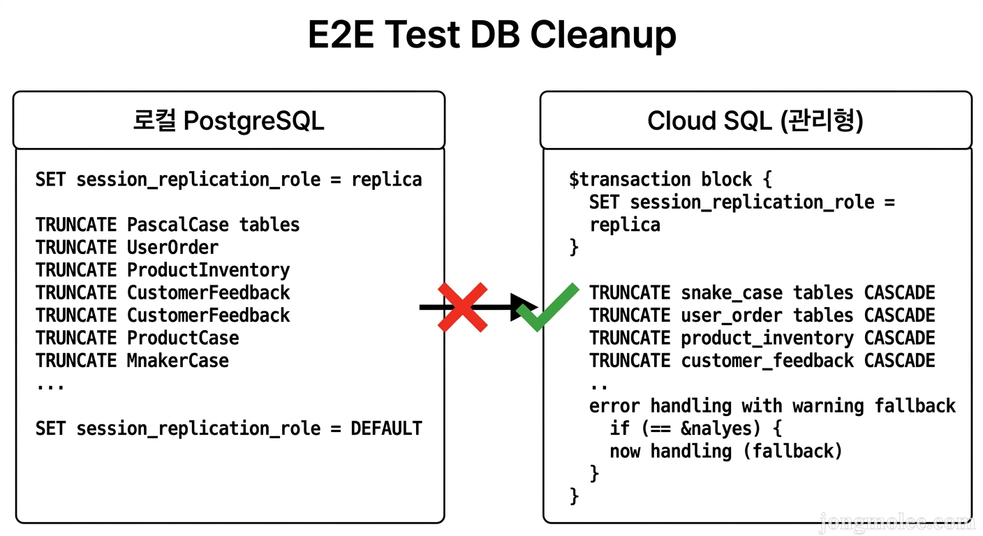 E2E 테스트 DB 정리 방식 비교 — 로컬 PostgreSQL vs Cloud SQL