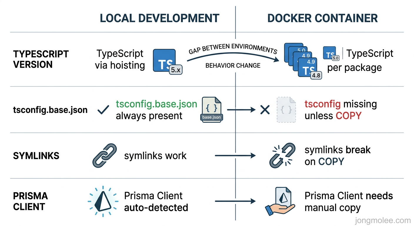 pnpm 모노레포 환경에서 로컬 개발과 Docker 빌드의 5가지 핵심 차이점 비교 — node_modules 구조, TypeScript 버전, tsconfig, Prisma Client, symlink