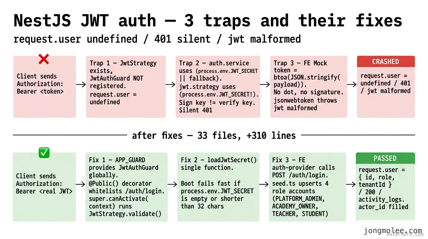 직접 정리한 NestJS JWT 인증 3중 함정 — Guard 미구현 → Secret 불일치 → Mock 토큰 비교도