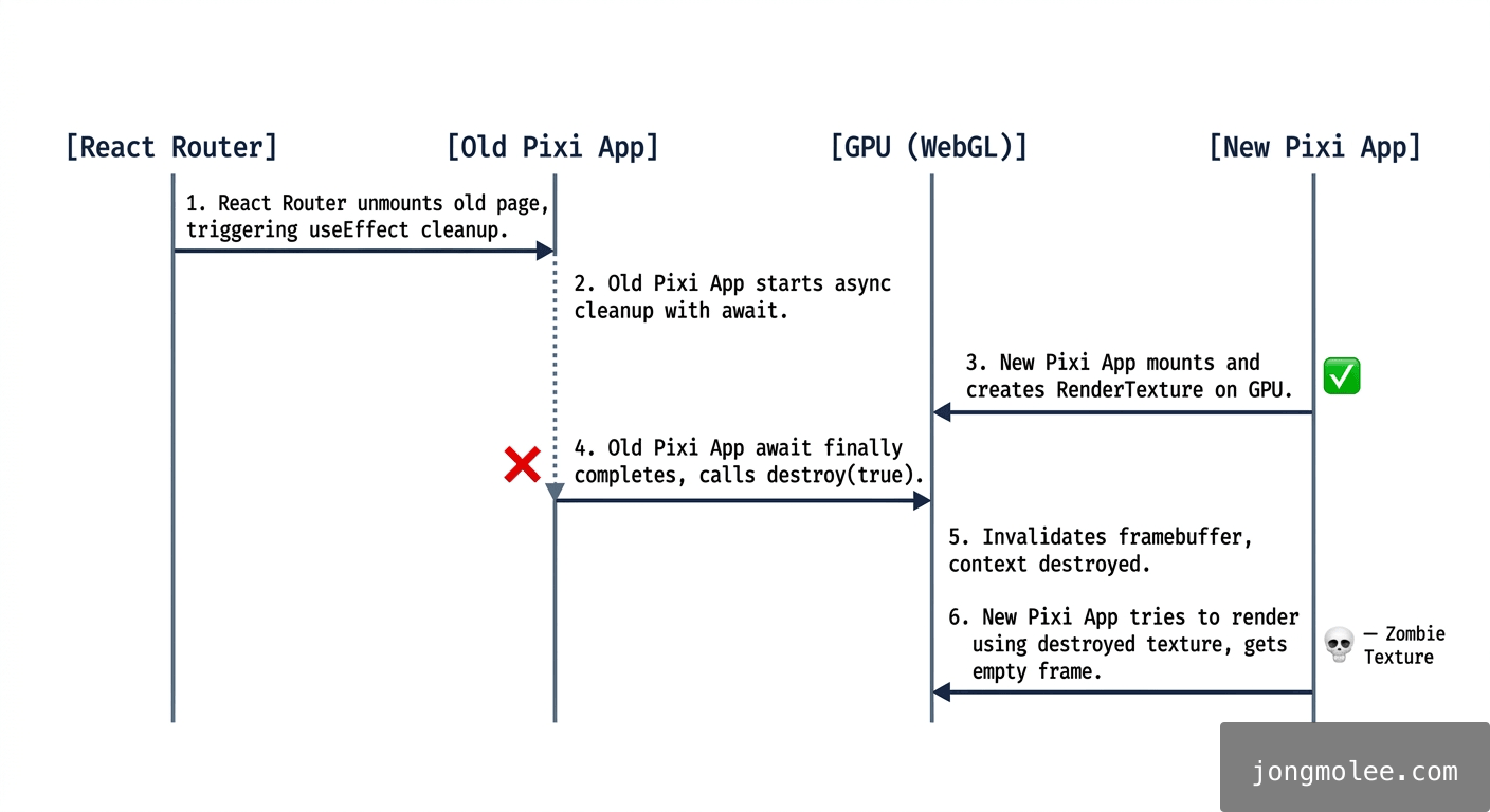 React useEffect 비동기 cleanup 레이스 컨디션 시퀀스 다이어그램 — React Router, Old Pixi App, GPU WebGL, New Pixi App 4개 엔티티 간 비동기 destroy가 RenderTexture framebuffer를 무효화하는 과정
